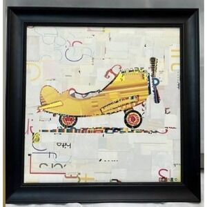 Vintage Unique Yellow Airplane Wall Art  Framed‎ 20x20 Deco Podge Boys Nursery